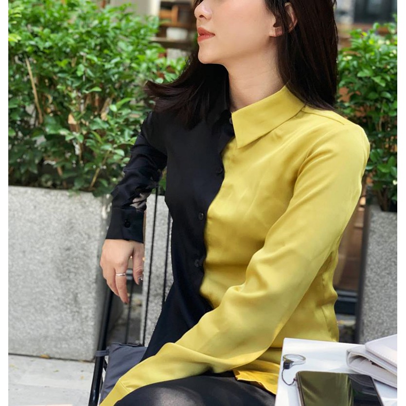 Áo sơ mi nữ đen pha trắng 💖Vải lụa💖Áo lụa đen trắng dài tay phom ôm vừa | BigBuy360 - bigbuy360.vn
