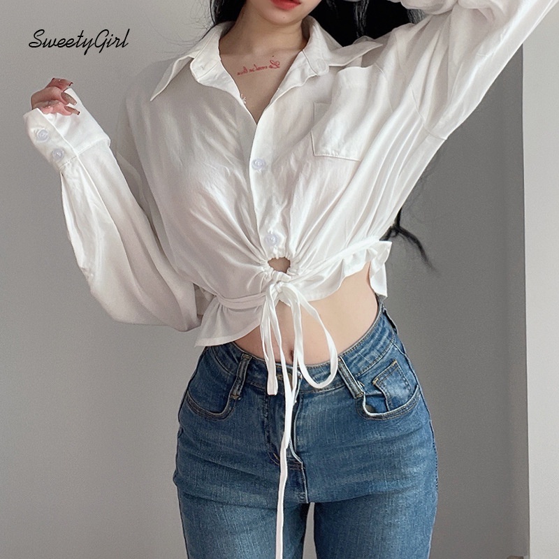 Áo Croptop Tay Dài Cổ Bẻ Cài Nút Màu Trơn 2022 Thời Trang Cho Nữ