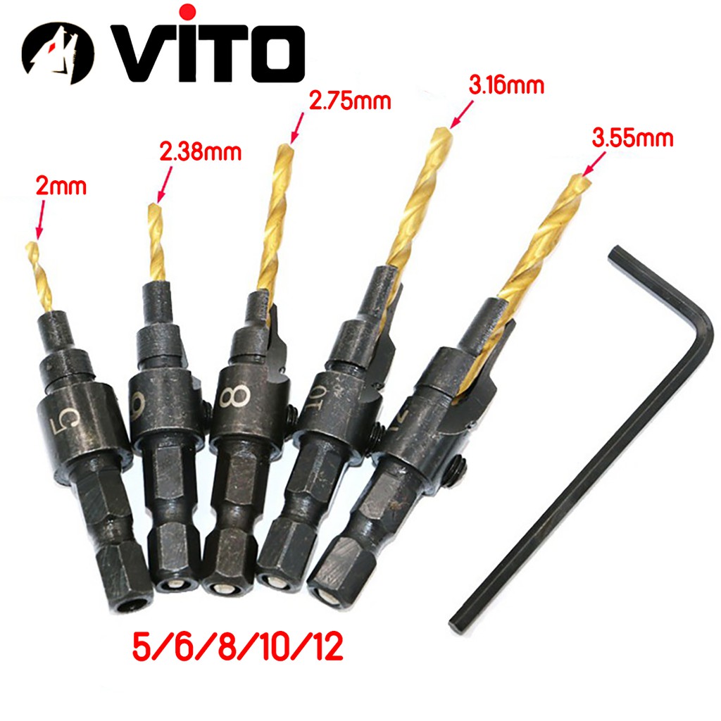 Bộ 5 Mũi Khoan Gỗ Chỉnh Cữ VITO Bắt Âm Mũi Vít Chân Lục Giác