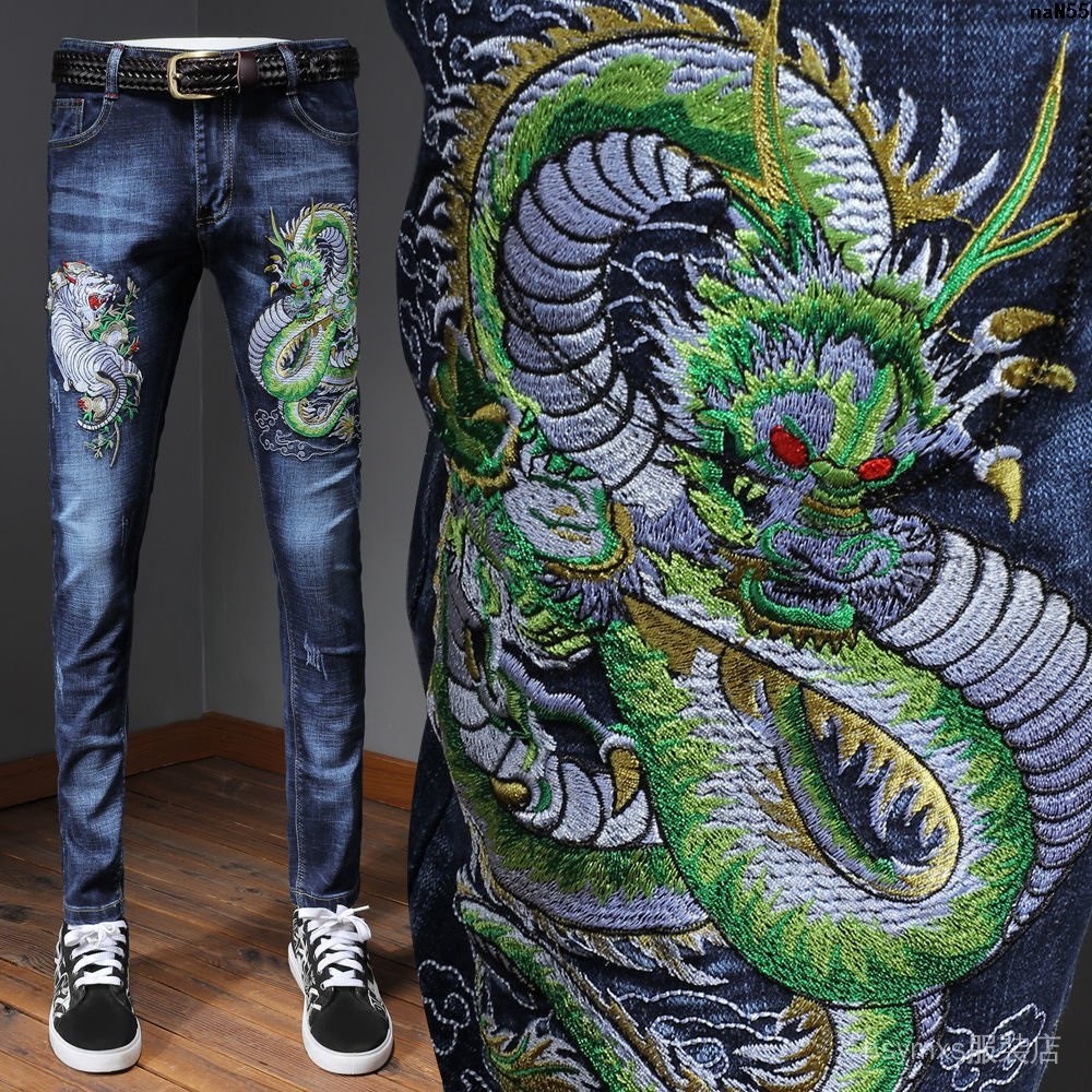 Quần Jeans Thêu Hình Rồng Phong Cách Trung Hoa Cho Nam