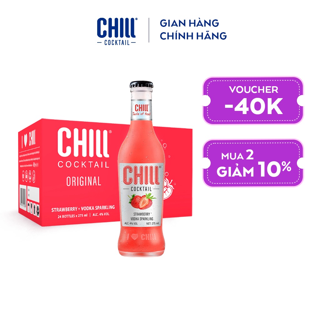 Thùng 24 chai Chill Cocktail vị Strawberry Vodka Sparkling 275ml/chai