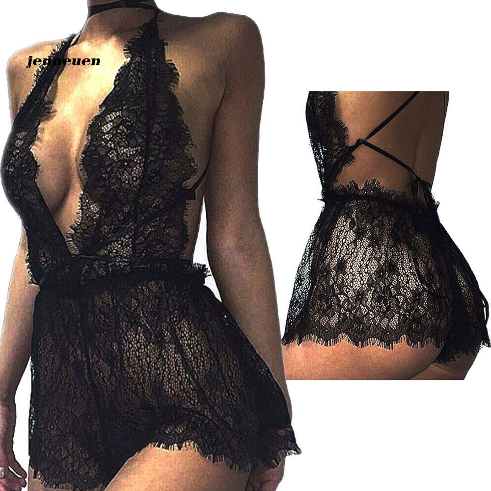 Set đầm ngủ + quần lót lọt khe xuyên thấu phối ren phong cách quyến rũ cho nữ