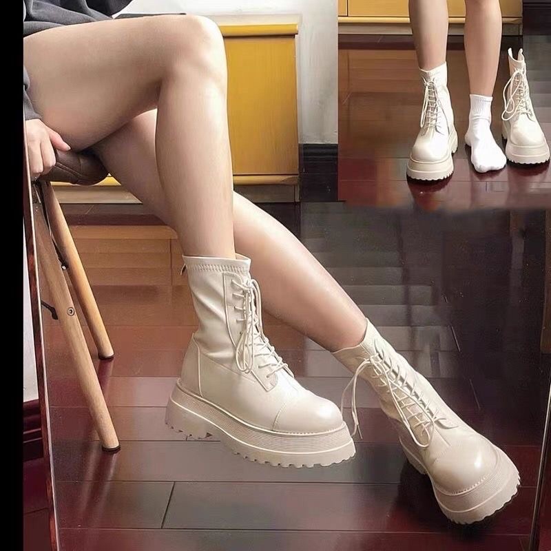 Giày bốt nữ buộc dây độn đế cao 6cm cá tính, Giày da ulzzang phong cách Hàn Quốc B400