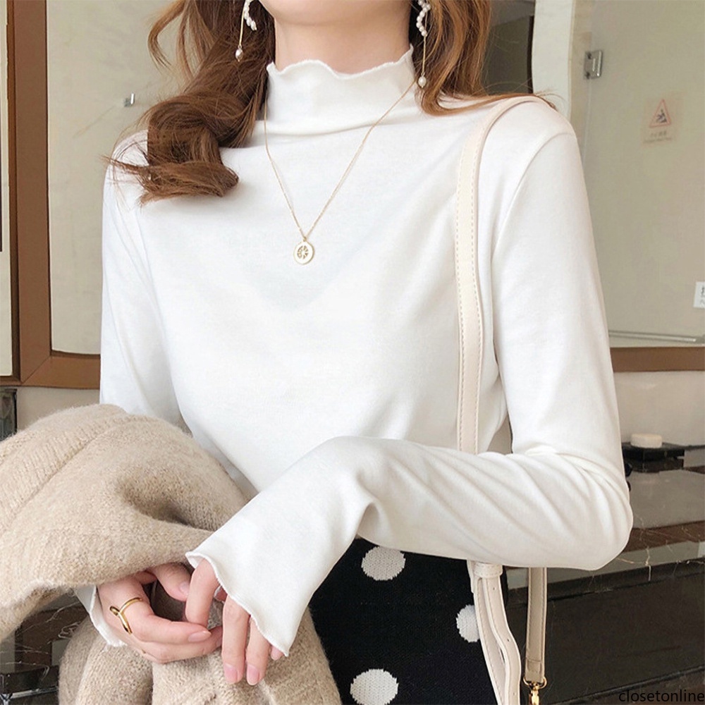 Áo Kiểu Tay Dài Cổ Lọ Phối Ren Màu Trắng Đen Thanh Lịch