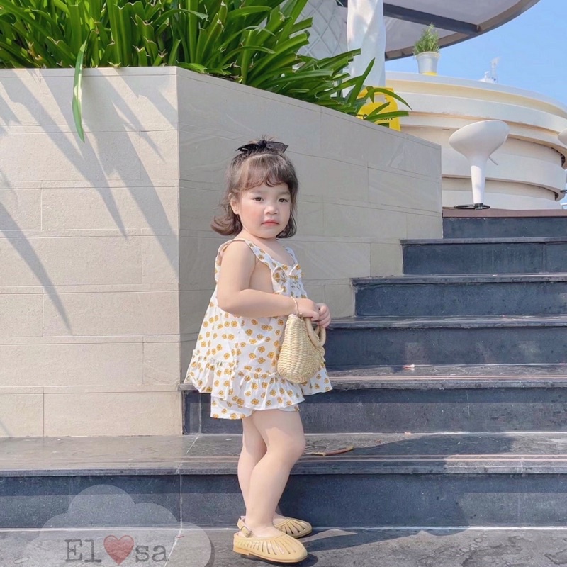 Đồ bộ bé gái 2 dây bản to đính nơ xinh xắn, bộ bé gái 2 dây đi học đi chơi