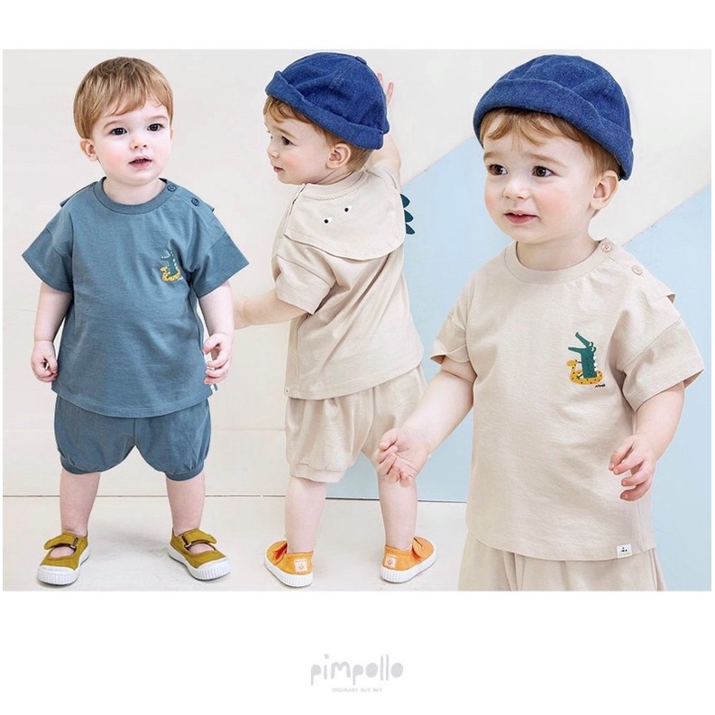 Bộ cotton hè bé trai bé gái hoạ tiết cá sấu xuất Hàn
