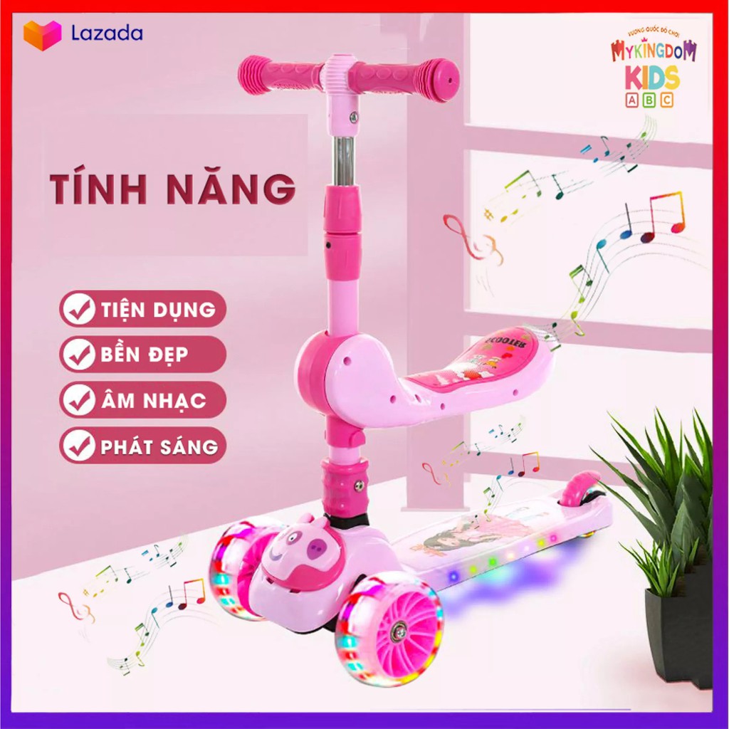 Xe trượt Scoter 3 bánh đa năng có đèn led phát sáng, có nhạc và ghế ngồi cho trẻ em - Tải Trọng 70kg
