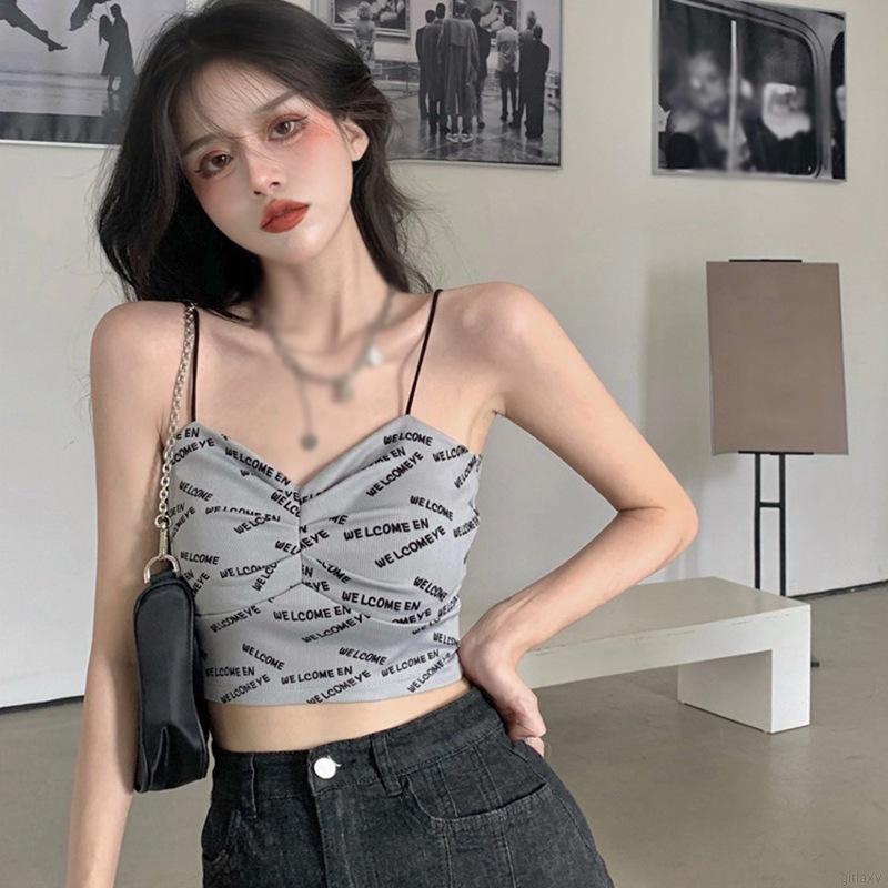 Áo croptop nữ hai dây cổ V họa tiết chữ đơn giản thời trang mùa hè Hàn Quốc