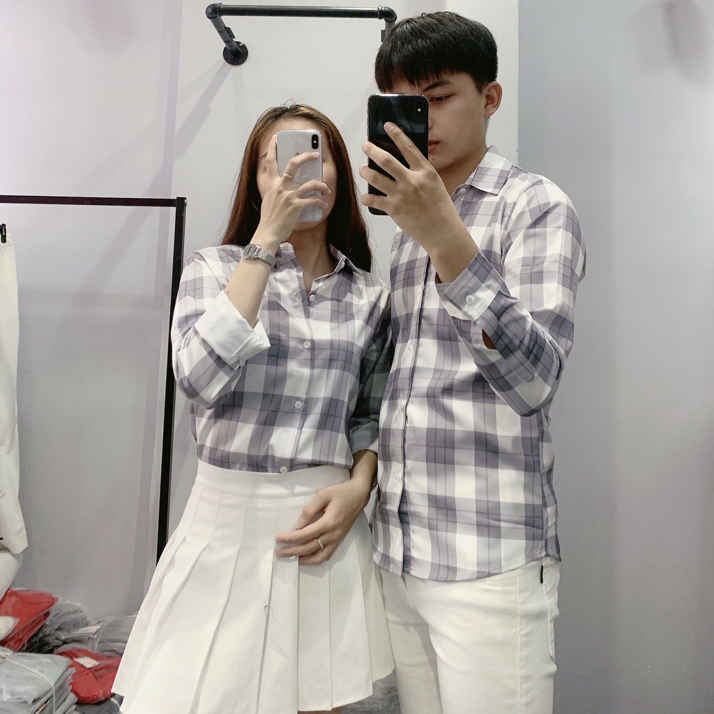 Áo Sơ Mi Nam Nữ dài tay dáng ôm sơ cổ bẻ vải cotton thái chống nhăn chống xù Trắng Sọc Xám Caro