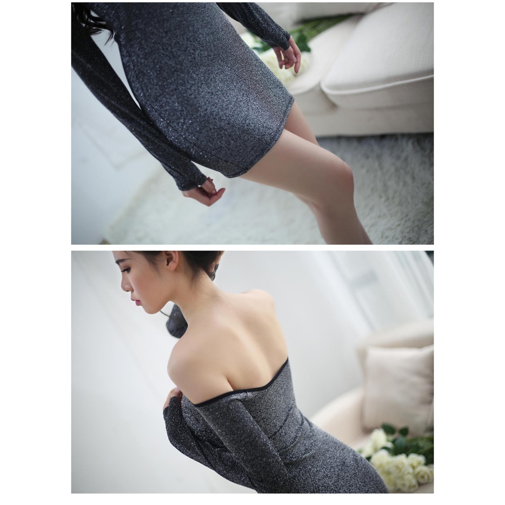Đầm ngủ ôm body kim tuyến nóng bỏng, đồ ngủ from ngắn hở vai gợi cảm TK870