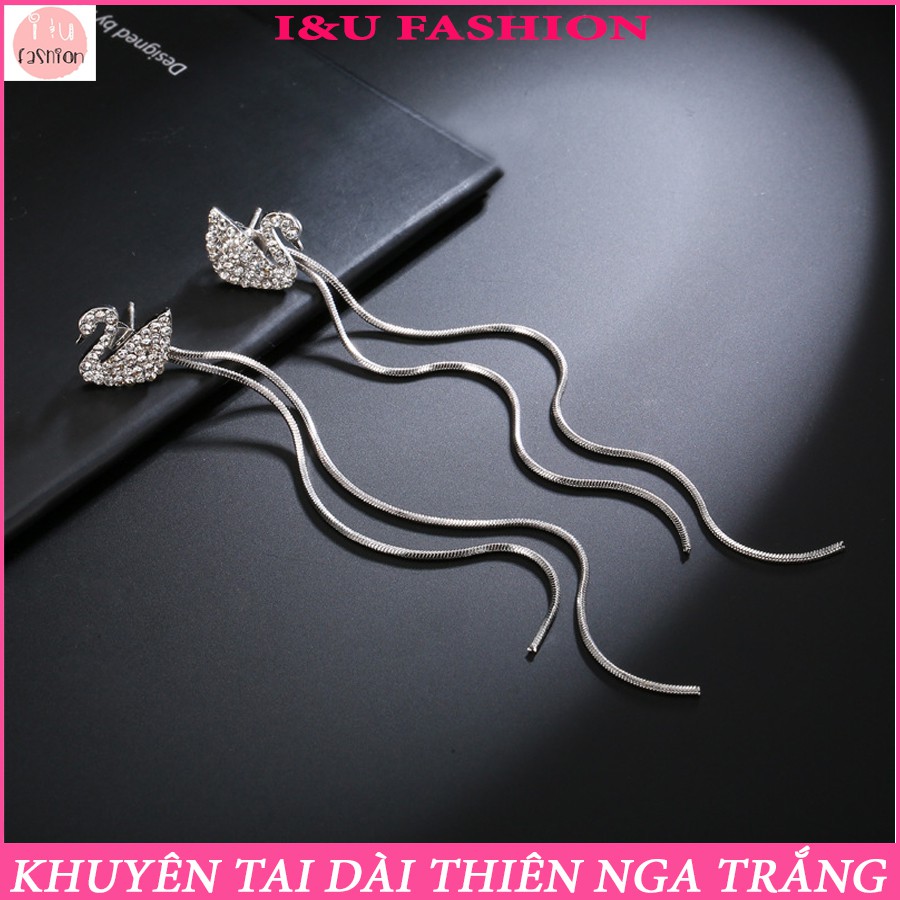 Bông tai khuyên tai dài sợi mảnh chú thiên nga trắng đính đá lấp lánh chất liệu kim loại sang trọng thời trang KT-139