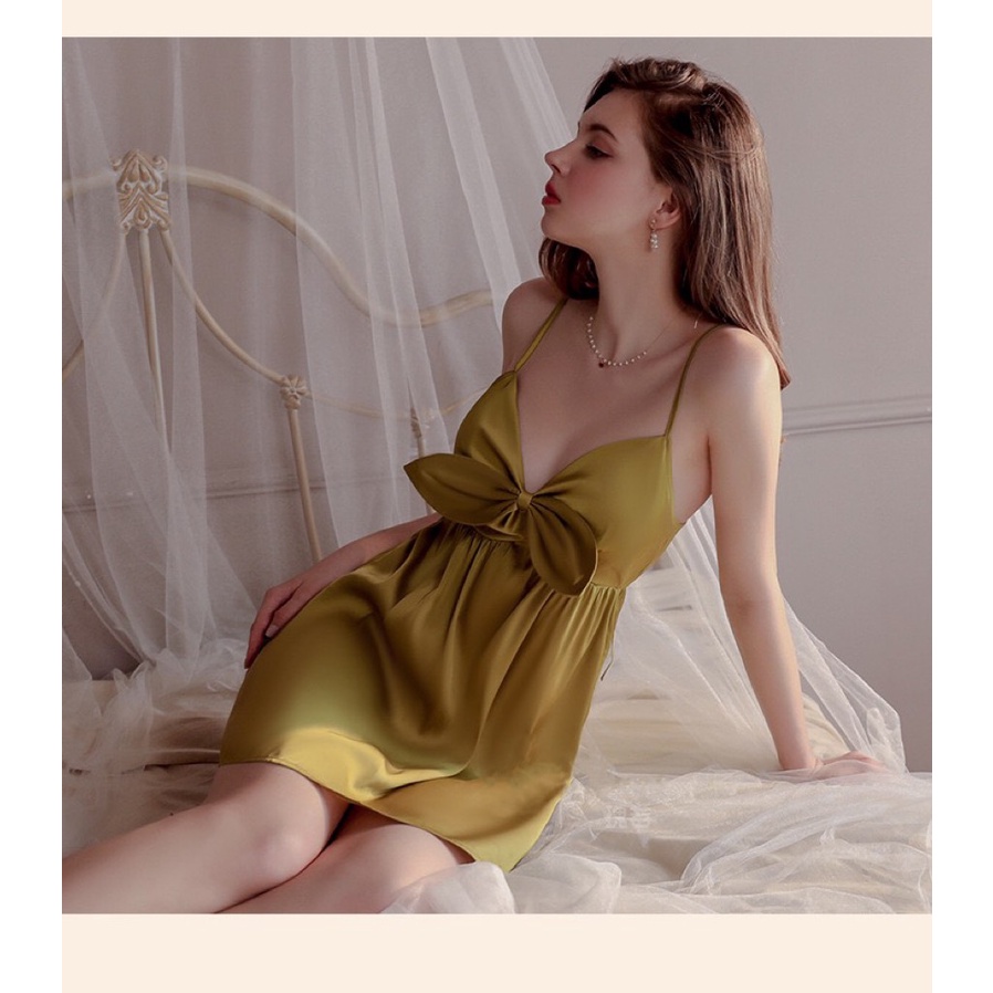Váy ngủ lụa hai dây nơ ngực xinh xắn - SP054