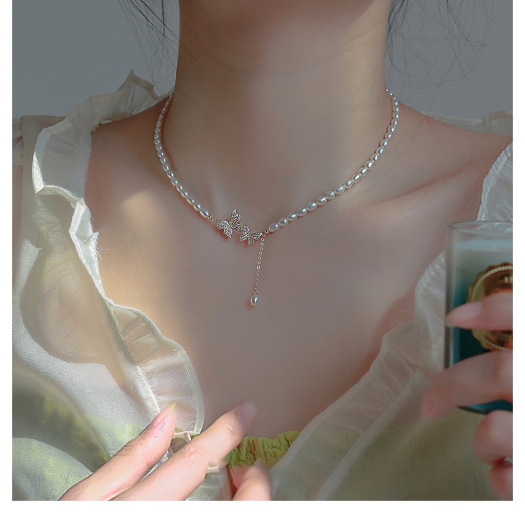 Vòng cổ Hình Bướm Đính Ngọc Trai Tự Nhiên Phong Cách baroque Đơn Giản Cho Nữ