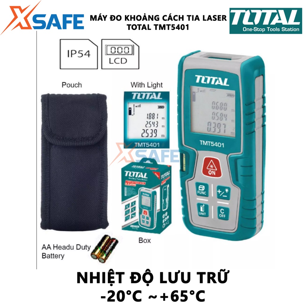 Máy đo khoảng cách tia laser TOTAL TMT5401 kỹ thuật số, phạm vi đo 0.2-40m các phép đo 50 giá trị, pin AAA, 2x1.5V