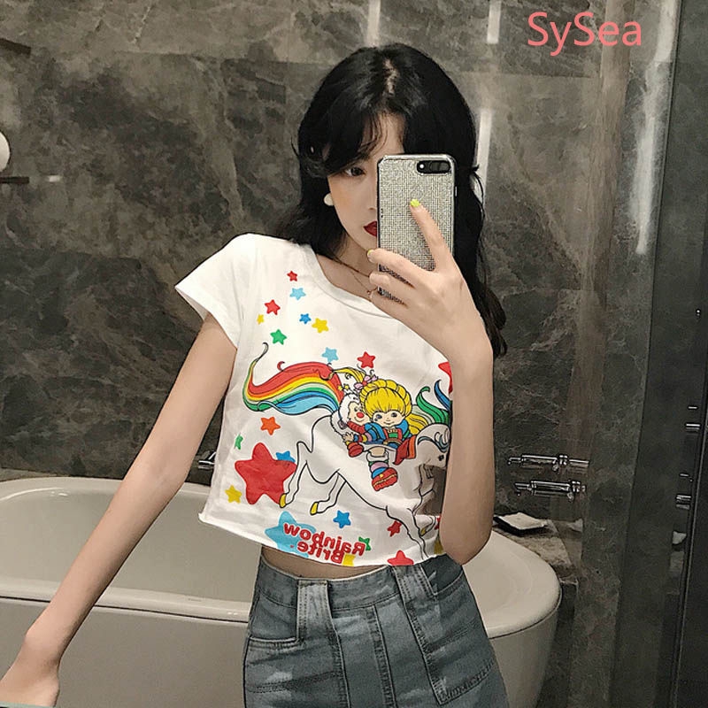 Áo Croptop Tay Ngắn Cổ Tròn Hoạ Tiết Cầu Vồng Đáng Yêu