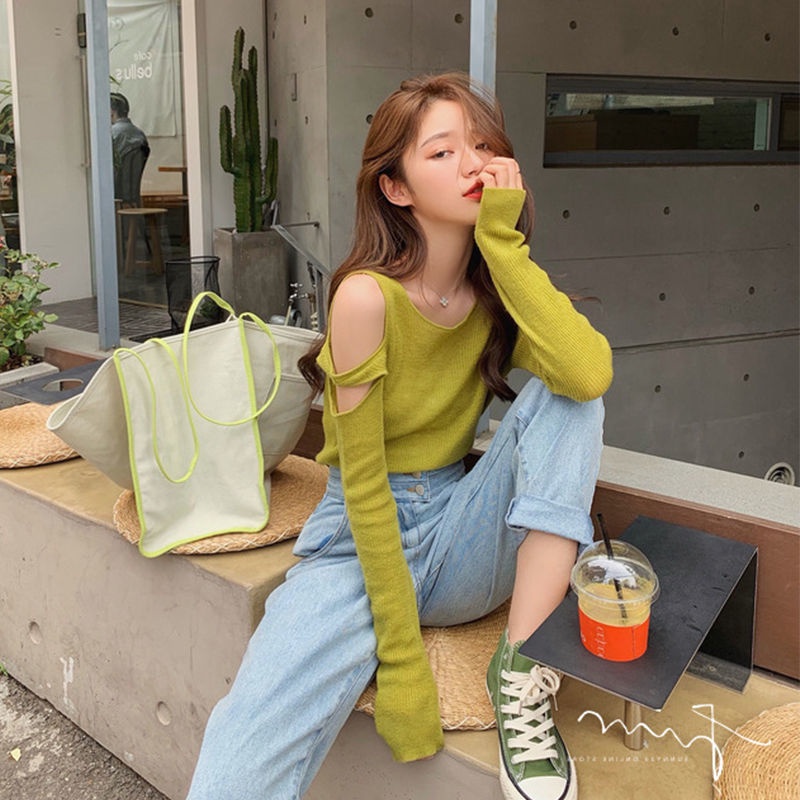 COZOK Áo thun dệt kim tay dài màu sắc đơn giản thời trang cho nữ