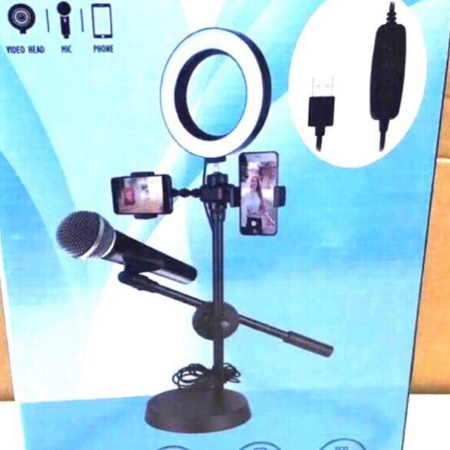 Đèn livestream 4in1 để bàn có chân đỡ micro livestream 2 kẹp điện thoại - bộ giá đỡ điện thoại livestream 4in1