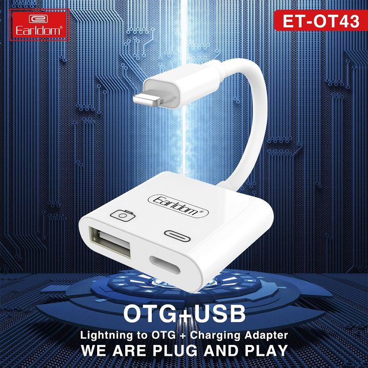 Cáp USB OTG iphone, ipad, dây kết nối bàn phím, chuột, tai nghe usb cho iphone gồm 1 cổng sạc và 1 cổng USB Earldom OT43