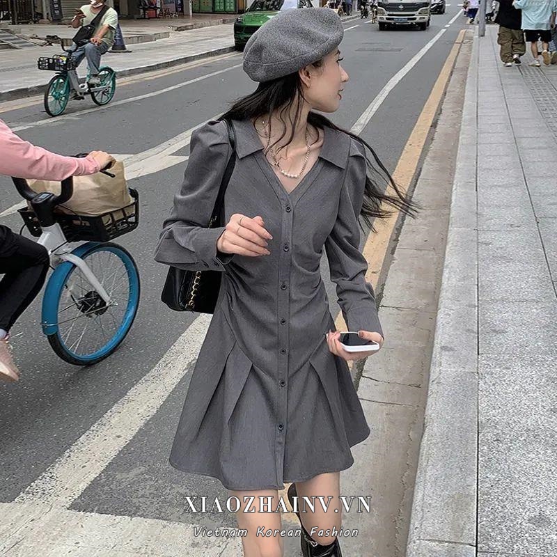 Đầm Xiaozhainv cổ bẻ phong cách Hàn Quốc xinh xắn cho nữ
