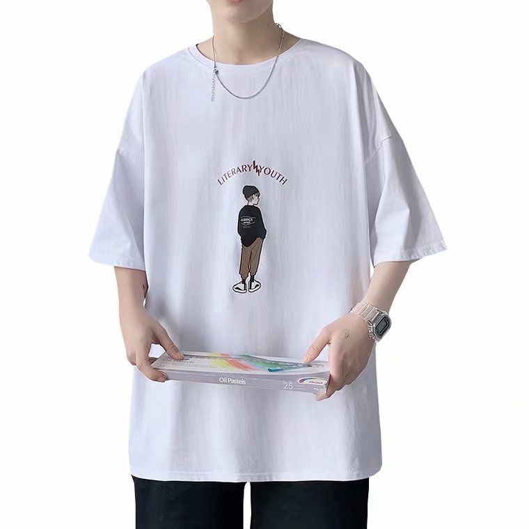 Áo thun tay ngắn cổ tròn dáng rộng in họa tiết hoạt hình phong cách đường phố Hàn Quốc cho nam