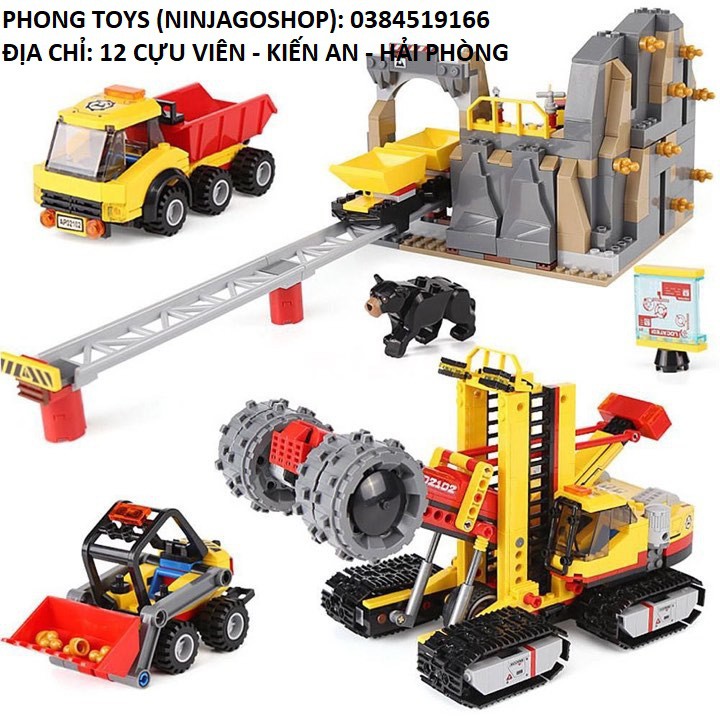 Lắp ráp xếp hình Lego City 60188 sy6999 Bela 10876 Lepin 02102 : Khu khai thác mỏ vàng có gấu đen 989 mảnh