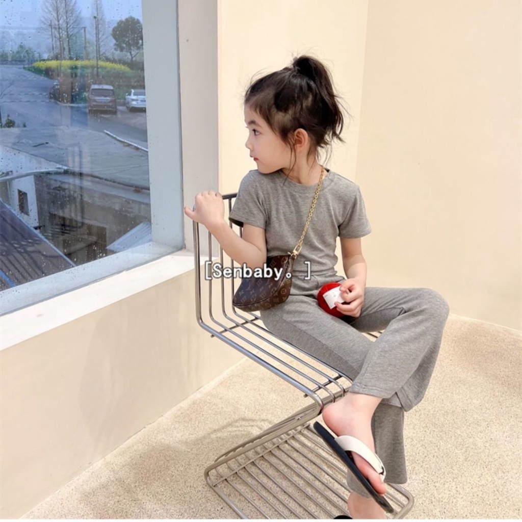 Set Áo Thun Tay Ngắn Màu Trơn + Quần Dài Ống Loe Thời Trang Hè Hàn Quốc 2023 Dành Cho Bé Gái