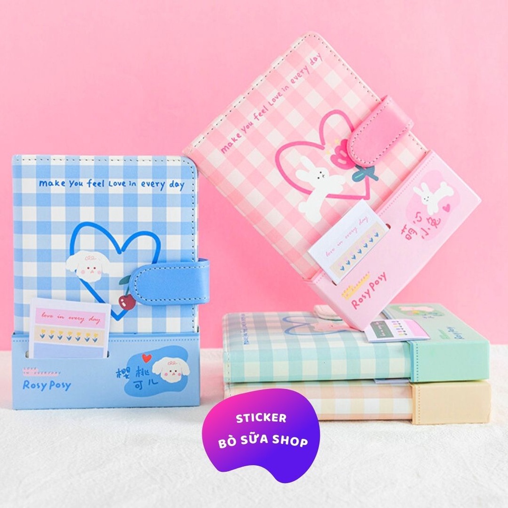 Sổ tay bìa da A6 tặng kèm 8 tấm sticker sổ nhật kí bìa caro màu pastel chuẩn Hàn đáng yêu