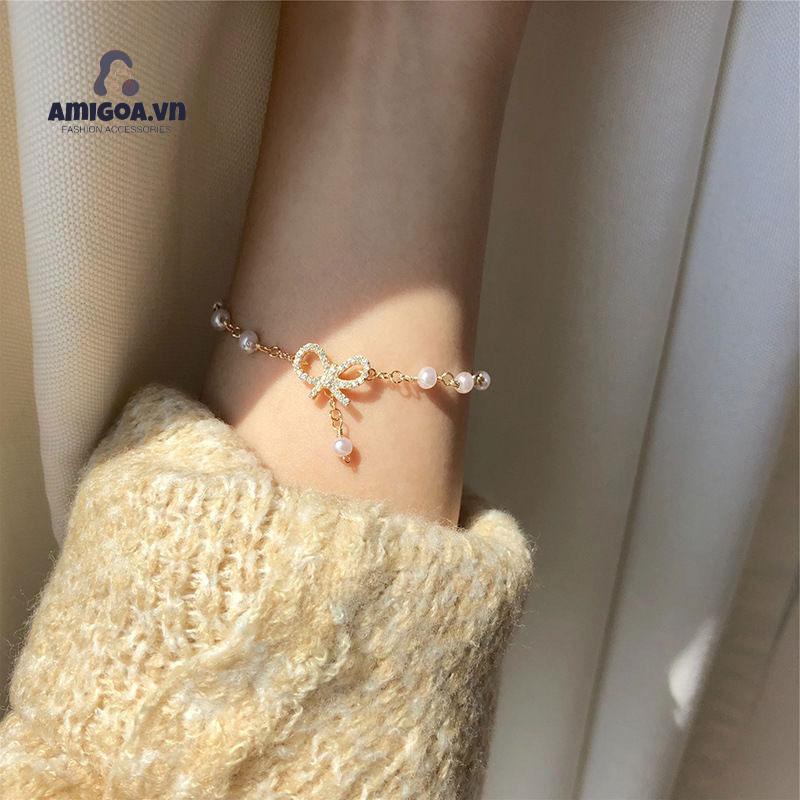 【amigoa.Aq】Vòng Tay Đính Đá Ngọc Trai Kim Cương Giả Thắt Nơ Ngọt Ngào Đa Năng Cho Nữ