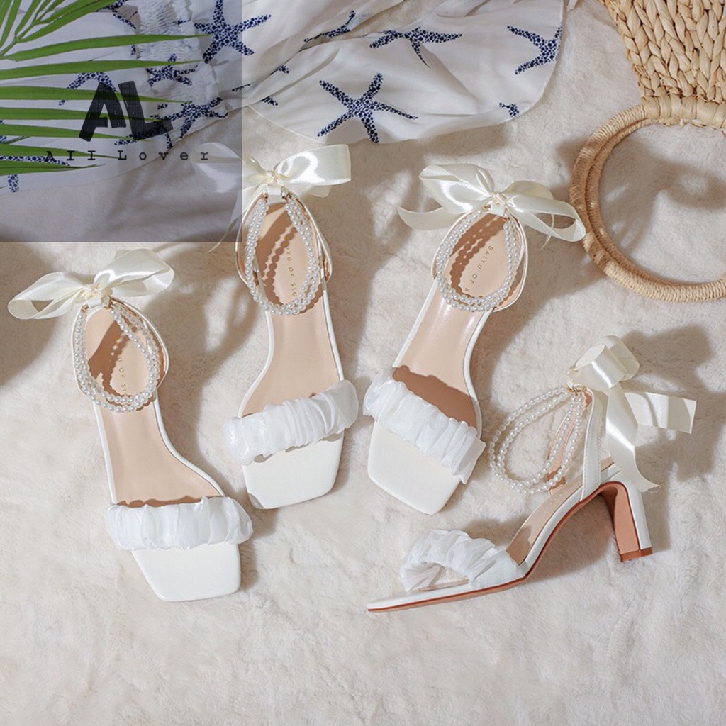 SANDAL NỮ ALI LOVER  -  GÓT DẸP DÂY THẮT NGỌC 7 PHÂN  -  CAO GÓT MŨI VUÔNG ĐÍNH NƠ NỮ TÍNH   AG220722