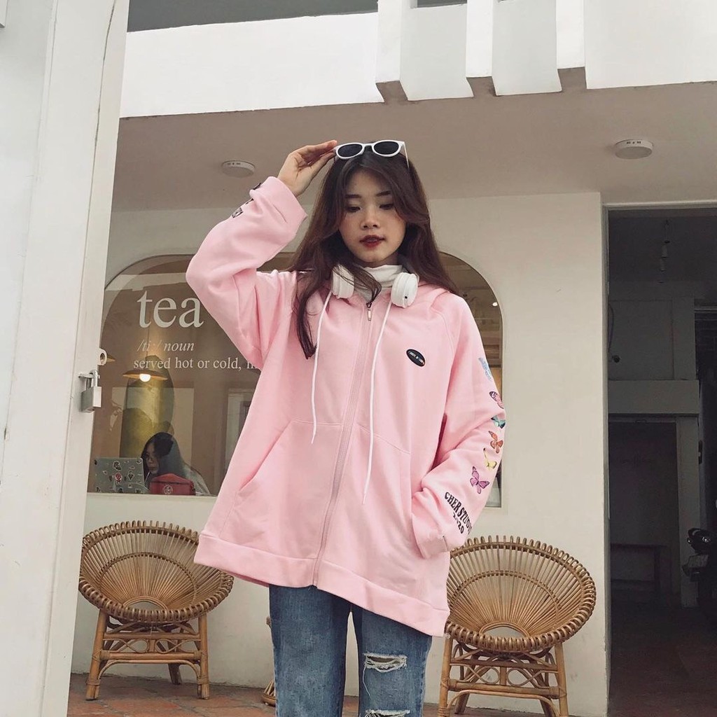 ÁO NỈ KHOÁC DÂY KÉO BƯỚM CHER STUDIO HỒNG ĐEN - ÁO KHOÁC HOODIE CÁNH BƯỚM COUPLE HD12