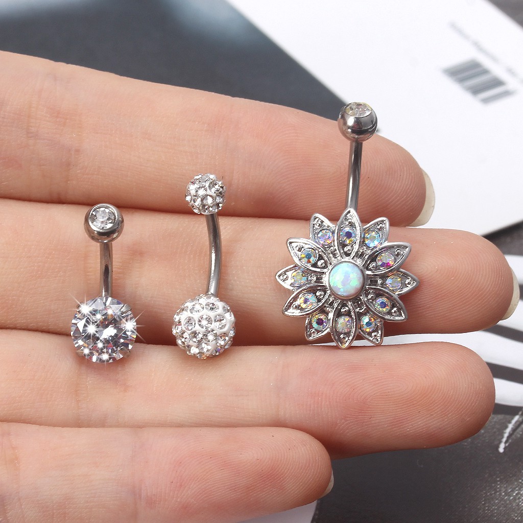 Khuyên rốn dạng thanh dài đính đá bằng thép không gỉ