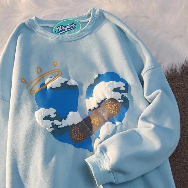 Áo sweater dài tay cổ tròn dáng rộng in họa tiết trái tim kiểu Hàn Quốc cho cặp đôi mùa thu