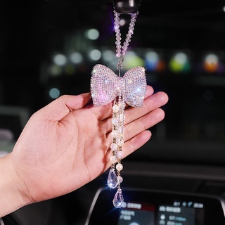 Khánh treo hình nơ chạm đá ngọc trai lấp lánh trang trí treo gương ô tô