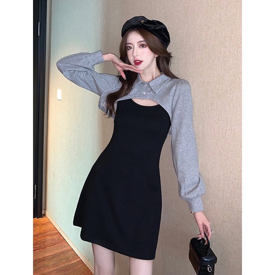 Set váy đầm nữ 2 món cài cúc đen nâu Ylydress freesize dáng A tôn dáng phong cách ulzzang hàn quốc C644 | BigBuy360 - bigbuy360.vn