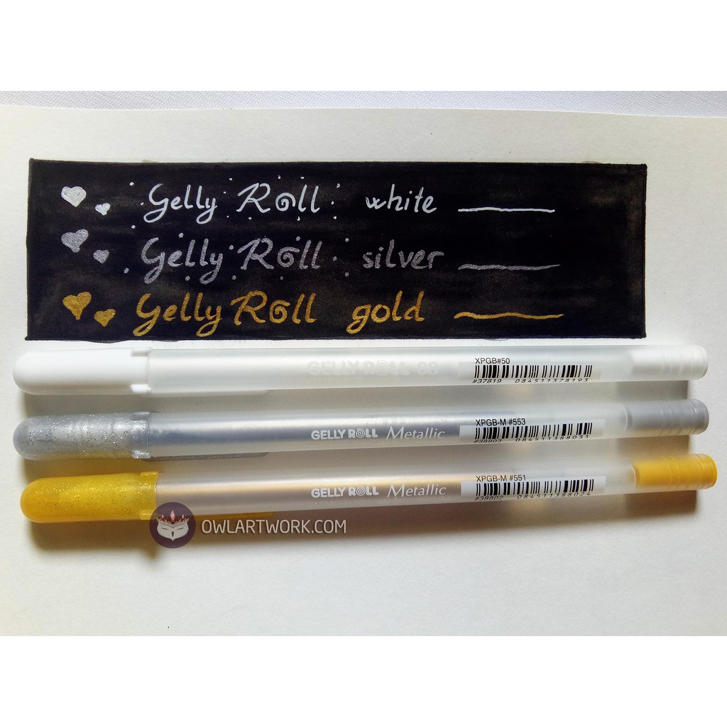 Bút Gelly Roll Trắng, nhũ vàng, nhũ bạc
