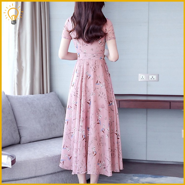 Đầm Midi Tay Ngắn Cổ Tròn Bằng Lụa Lạnh In Họa Tiết Hoa Thời Trang Mùa Hè Cho Nữ