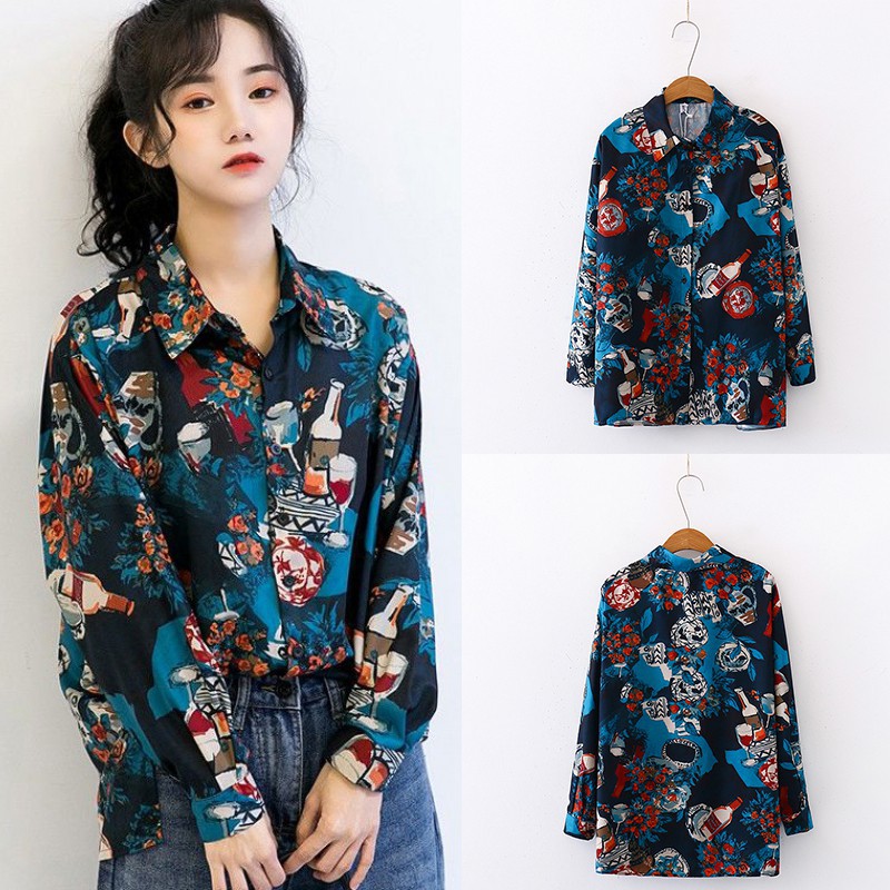 [Baywellfashion]Áo sơ mi nữ tay dài họa tiết vintage thời trang | BigBuy360 - bigbuy360.vn