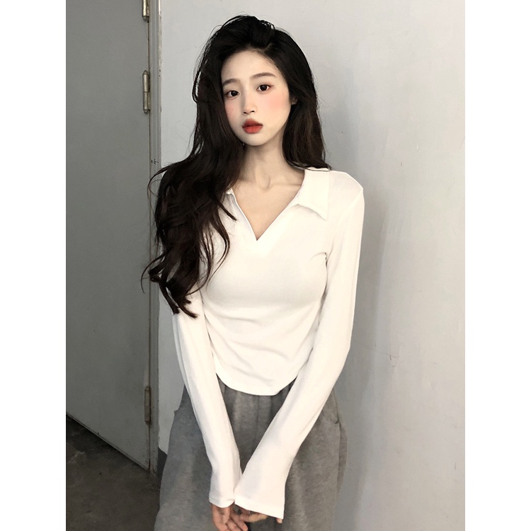 Áo Thun Cotton Mỏng Tay Dài Cổ Polo Màu Trơn Thời Trang Dành Cho Nữ