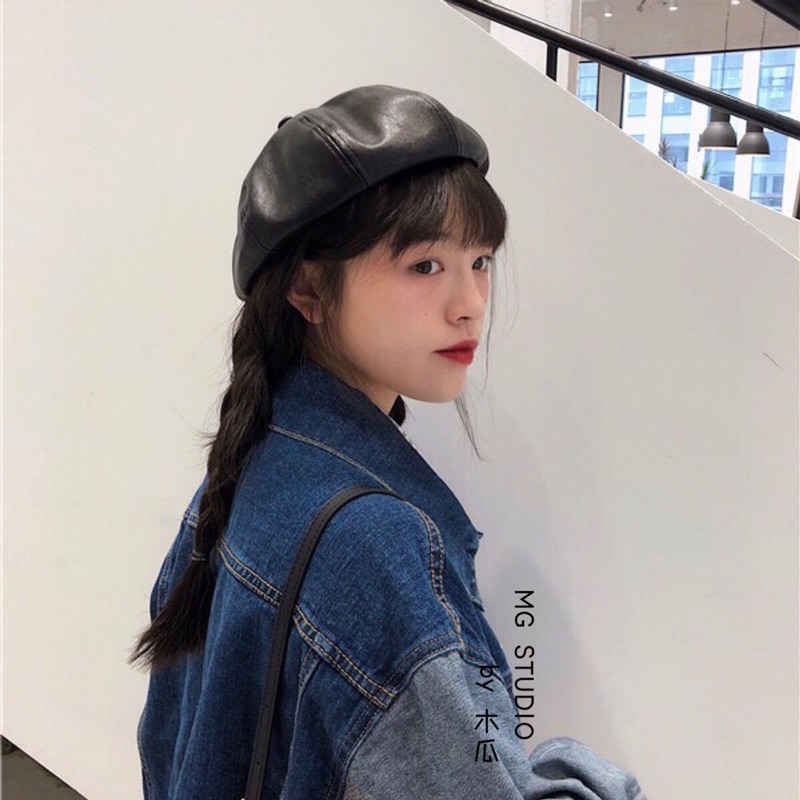 Mũ nồi da họa sĩ màu đen phong cách retro thời trang thu đông cho nữ