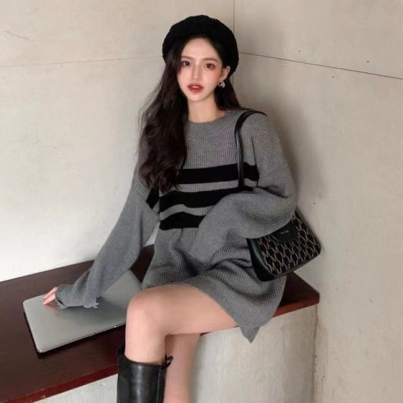 QADCOL Áo sweater chui đầu cỡ lớn kẻ sọc màu sắc tương phản cho bạn nữ
