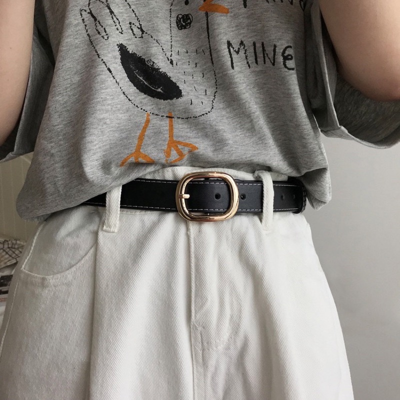 Dây thắt lưng Meo shop Unisex nữ nam mặt tròn elip vàng TL031- thắt lưng da unisex nam nữ hàn quốc học sinh viên