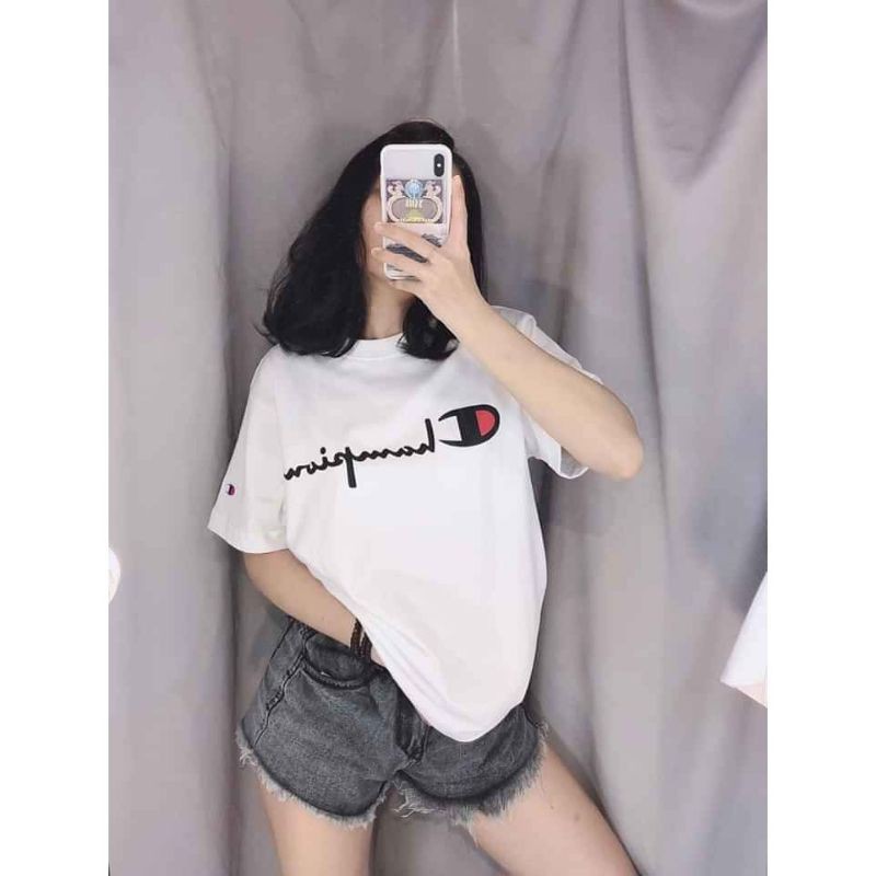 Áo phông thêu Champion unisex tay lỡ,áo thun form rộng