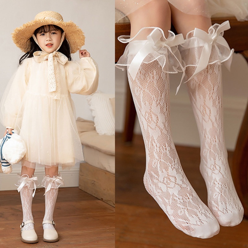 Youyo Vớ Cao Đến Đầu Gối Vải Lưới Satin Phối Nơ Dễ Thương Dành Cho Bé Gái