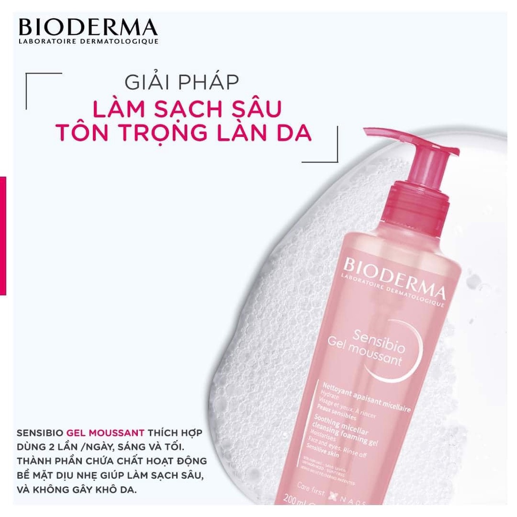 Sữa Rửa Mặt tạo Bọt Cho da Nhạy Cảm Bioderma Sensibio Gel Moussant Gel Hồng 45ml - 200ml