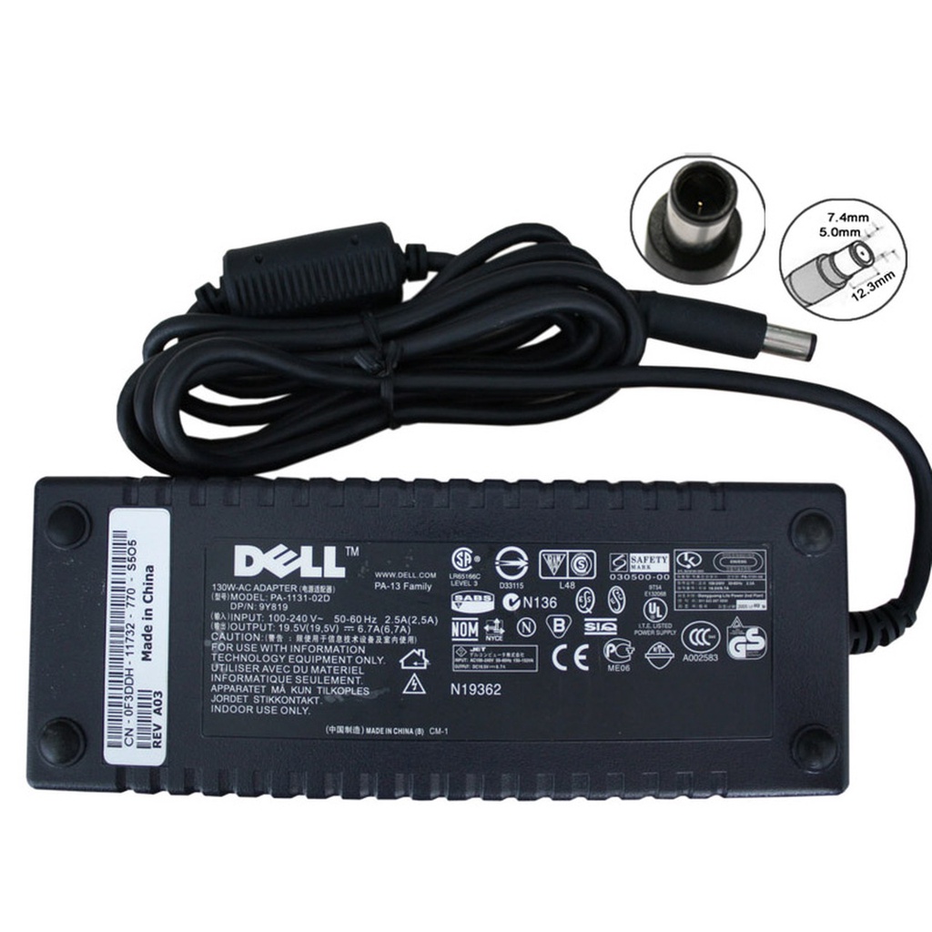 (ADAPTER) SẠC LAPTOP DELL 19.5V-6.7A (130W) (SLIM, Đầu Kim Lớn) kích thước đầu ghim (ADAPTER) SẠC 7.4 x 5.0 mm