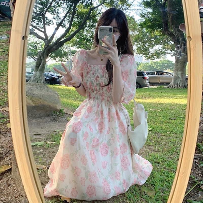 [MURIOKI] Đầm Hồng Trễ Vai In Họa Tiết Hoa Phong Cách Pháp Thời Trang Mới 2022 Cho Nữ