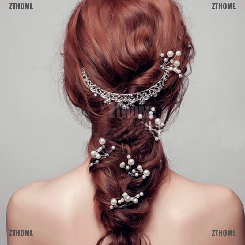 Kj♠ Trâm Cài Tóc Cô Dâu Hình Hoa Đính Pha Lê &amp; Ngọc Trai