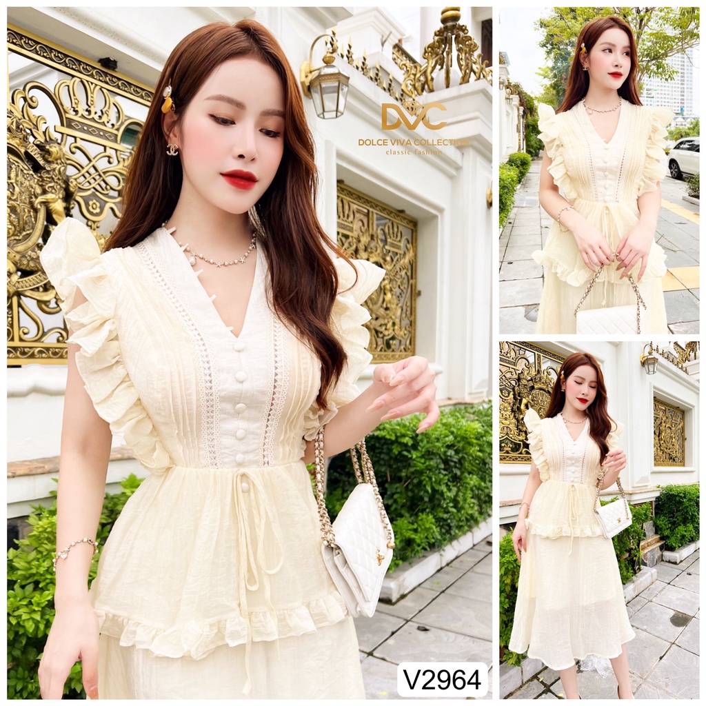 VÁY TRẮNG CỔ V TAY BÈO BUỘC EO V2964-DOLCE VIVA COLLECTION