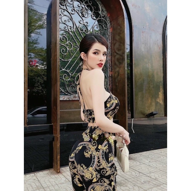 set áo crop + quần suông loe