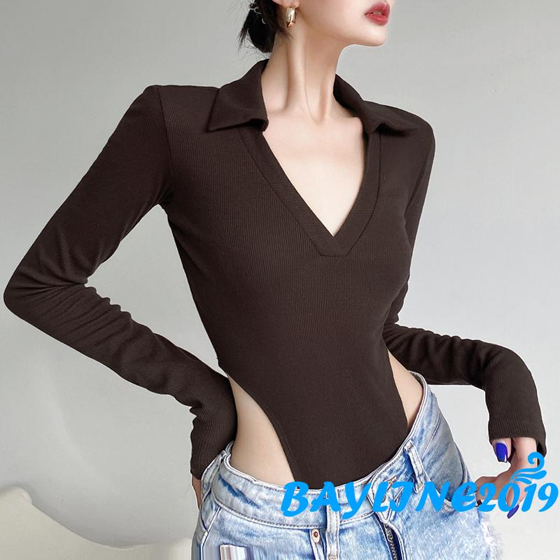 Áo liền thân tay dài cổ V màu trơn gợi cảm size S/M/L cho người lớn